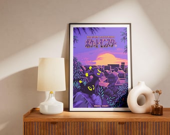 Umbreon Pixel Art Poster | Retro 16-Bit Sunset Framed Print | Pokemon Gamer Wall Art