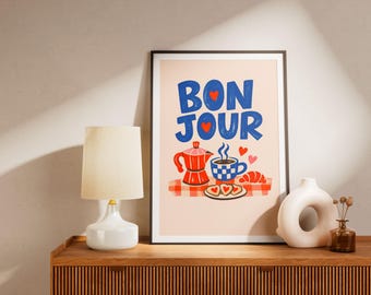 Kunstdruck „Französischer Kaffee“ – Retro-Küchenwanddeko – Farbenfrohes Frühstücksposter – Mokka- und Croissant-Kunst – Hübsches Esszimmer