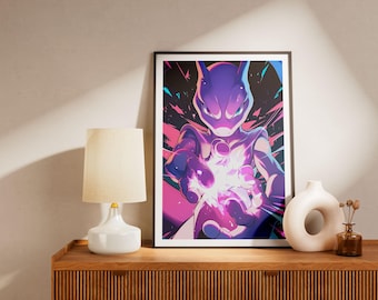 Epic Mewtwo Poster | Legendary Pokémon Wall Art | Neon Anime Print | Gamer Room Decor | Psychic Type Poster | Geeky Gift