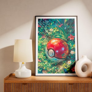 Lebendiger Pokéball im Gras-Print – Anime-Wandbild mit botanischen Motiven – Dekoration für Gaming-Nostalgiker