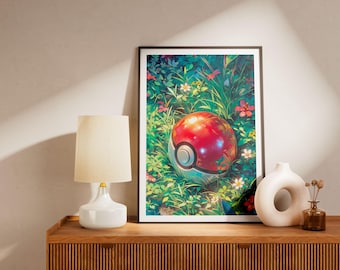 Vibrant Pokeball in Grass Print - Anime Botanical Wall Art - Gaming Nostalgia Decor