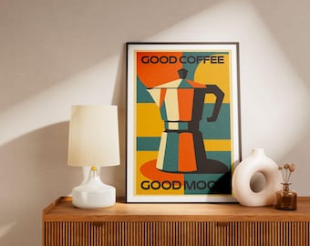 Retro-Moka-Kaffee-Kunst – Poster „Guter Kaffee, gute Laune“ – Küchenbild im Bauhaus-Stil – Moderne Kaffeedekoration – Vintage-Espresso-Wandkunst