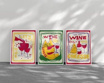 Set of 3 Wine & Cats Wall Art Prints - Retro Kitchen Bar Decor - Wine and Cheese Illustration Trio