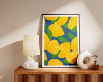 Mediterranean Lemons Poster – Fruity Illustration with Fruit Punch and Cobalt Blue