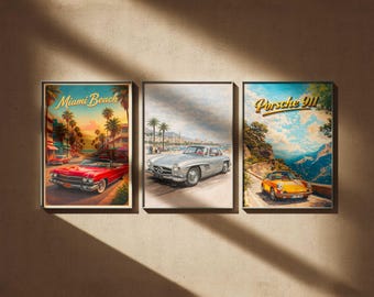 Vintage Classic Cars Poster Set | 3 Digital Prints | Retro Travel Art Cadillac Eldorado, Mercedes 300SL, Porsche 911