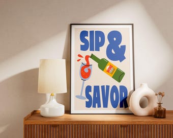 Weinposter „SIP SAVOR“ – Retro-Aperitifposter – Wanddekoration für Bar und Küche – Farbenfrohe Pop-Art-Illustration einer Weinflasche