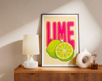 Lebendiger Limetten-Kunstdruck – Retro-Pop-Art-Küchendeko – Farbenfrohes Wandposter – Trendige, stylische Esszimmerkunst – Moderne Illustration