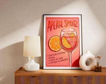 Aperol Spritz Cocktail-Kunstdruck – Retro-Küchenwanddeko, Getränkeillustration, Poster – Bunte Barwagen-Deko – Trendige Küchengalerie