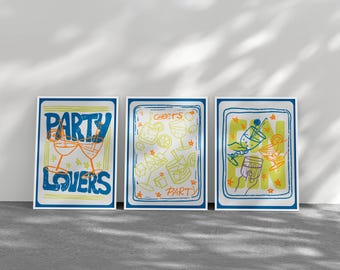 Set of 3 Cocktail Party Wall Art Prints - Retro Bar Decor - Party Lovers & Cheers Poster Trio