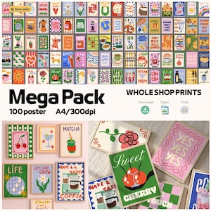 Peut inclure: Une collection d'impressions d'art colorées avec divers motifs, notamment des aliments, des boissons et des citations inspirantes. Les impressions sont affichées dans une grille, certaines encadrées et d'autres non. Le texte "Mega Pack" et "Whole Shop Prints" est également visible.