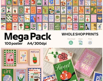 Mega Pack 100 Colorful Posters - Eclectic Gallery Wall Set - Retro Kitchen Decor, Modern Aesthetic Prints - Digital Download