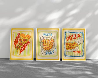 Set of 3 Pizza Lover Wall Art Prints - Retro Kitchen & Dining Decor - Pizza Party Illustration Trio
