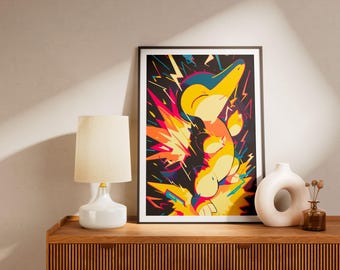 Vibrant Cyndaquil Art Print | Retro Anime Decor | Gaming Room Gift Idea