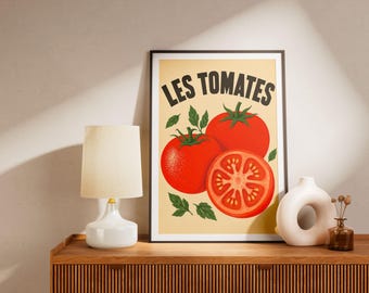 Vintage-Kunstdruck mit Tomatenmotiv im französischen Landhausstil – Retro-Küchenwanddeko – Botanische Illustration einer roten Tomate – Poster für die französische Landhausküche