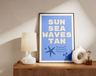 Blue Poster 'Sun Sea Waves Tan' - Minimalist Beach Poster - Starfish & Waves Illustration - Available in A5, A4, and A3 sizes