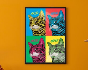 Colorful Pop Art Cat Poster - Retro Style Feline Wall Art, Vibrant Kitty Print for Pet Lovers, Modern Meow Home Decor, Gift for Cat Moms
