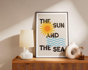 Poster „Sonne und Meer“ – Minimalistische Retro-Wandkunst – Illustration von Sonne und Wellen – Moderne Küstendekoration – Abstrakter Stranddruck