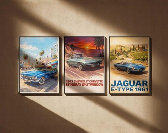 Vintage Car Wall Art Set of 3, Classic Car Prints, Retro Automotive Decor, Gallery Wall Set, Garage Wall Decor, Gift for Car Lovers
