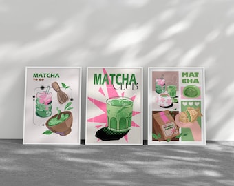 Set of 3 Matcha Club Wall Art Prints - Modern Japanese Aesthetic Decor - Matcha Tea & Taiyaki Illustration Trio