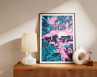 Espeon Pixel Art Poster | Vaporwave Anime Cityscape Wall Art | Gamer Decor Gift