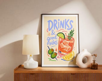 Retro-Negroni-Cocktail-Kunstdruck – Poster für Drinks und gute Laune – Bunte Barwagen-Deko – Sommerliche Küchenwandkunst – Alkohol-Illustration