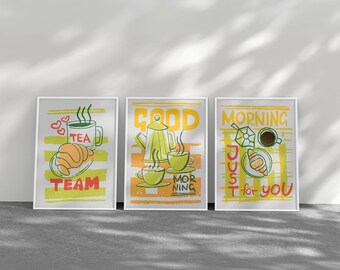 Set of 3 Coffee & Breakfast Wall Art Prints - Retro Kitchen Decor - Morning Coffee and Croissant Poster Trio