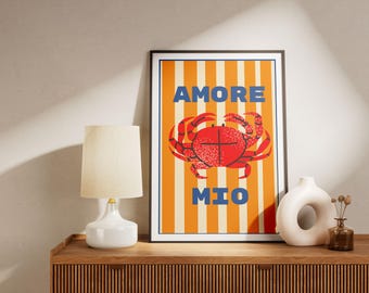 Red Crab Poster 'AMORE MIO' - Retro Mediterranean Wall Decor - Pop Art Seafood Illustration in A5, A4, A3 Sizes