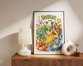 Cute Pokemon Poster Digital Download | Anime Wall Art for Kids | Pikachu Eevee Snorlax Print