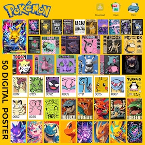 Peut inclure: Un ensemble de 50 affiches numériques Pokémon, chacune représentant un personnage différent sur fond jaune. Les affiches présentent des personnages comme Pikachu, Charizard et Mewtwo, avec des designs et des couleurs variés.