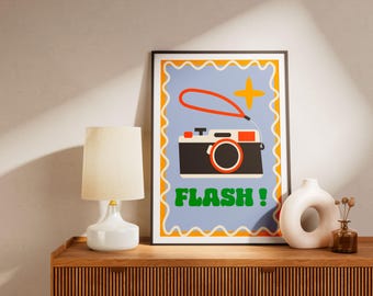 Retro-Kameraposter – Farbenfrohe Vintage-Illustration „FLASH“ – Moderne Wandkunst für Fotografen