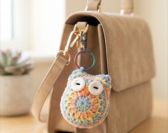 May include: A crochet owl keychain featuring pastel multicolored yarn in shades of pink, blue, yellow, and green. The owl has two large white circular buttons for eyes and an orange stitched beak, attached to a metallic rainbow-colored ring.
