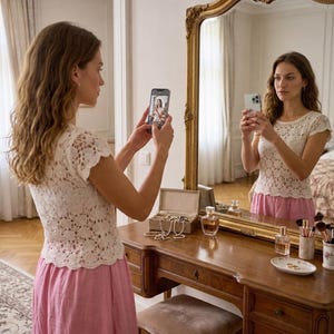 A woman with long brown hair, wearing a white short-sleeved crochet top and a pink skirt, takes a mirror selfie with her phone in a room with a wooden vanity and a large ornate gold mirror.