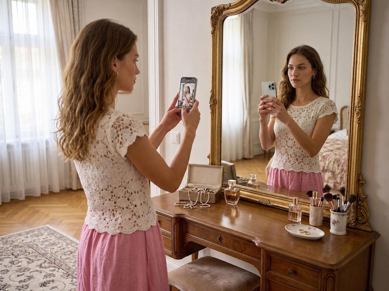 A woman with long brown hair, wearing a white short-sleeved crochet top and a pink skirt, takes a mirror selfie with her phone in a room with a wooden vanity and a large ornate gold mirror.