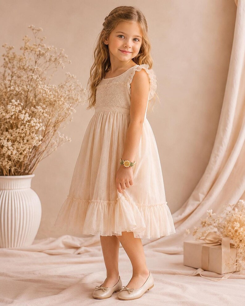 A young girl in a cream dress with ruffled sleeves stands, wearing a yellow crocheted flower bracelet on her right wrist.