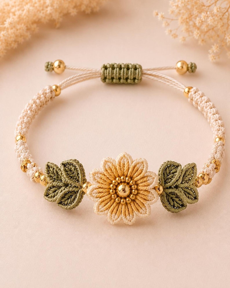 A beige and green crocheted bracelet with a central yellow flower and two green leaves, all with golden beads, on a light pink surface.