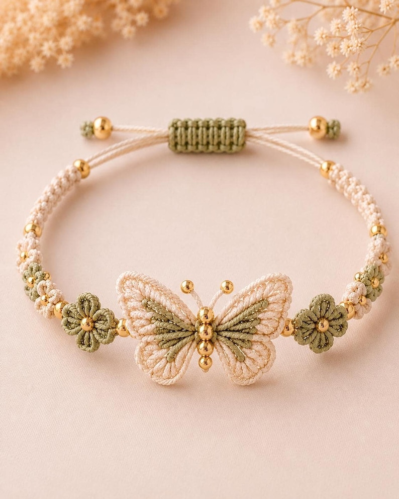 A beige and green crocheted bracelet with a central butterfly motif, flanked by two small green flowers and golden beads, on a light pink surface.