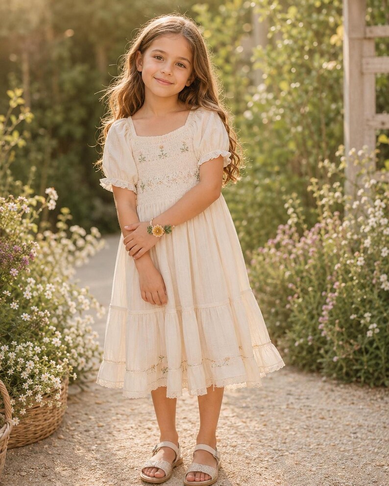A young girl in a cream dress with short sleeves and embroidered bodice stands outdoors, wearing a yellow crocheted flower bracelet on her left wrist.