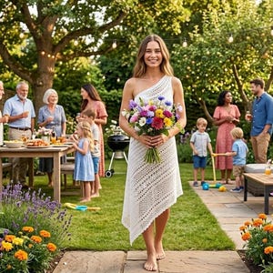 Peut inclure: Une femme en robe blanche à une épaule tient un bouquet de fleurs colorées dans un jardin. Une famille est réunie en arrière-plan, avec une table dressée pour un repas. La scène est en extérieur avec une verdure luxuriante et des fleurs.