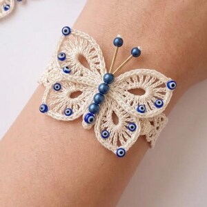 Crochet Evil Eye Bracelet, Unique Butterfly Cuff, Beaded Wristband, Boho Protection Jewelry Gift