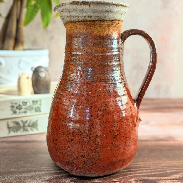 Rustic Studio Pottery Jug, Red Brown Stoneware Pitcher, Ceramic Vase