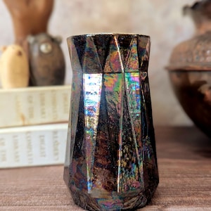Iridescent Studio Pottery Vase | Dark and Moody Glaze Ceramic Pen Pot, Sculptural Postmodern Decor