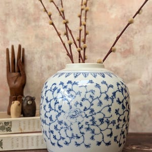 Large Blue and White Ceramic Vase, Floral Ginger Jar Chinoiserie Style, 20cm