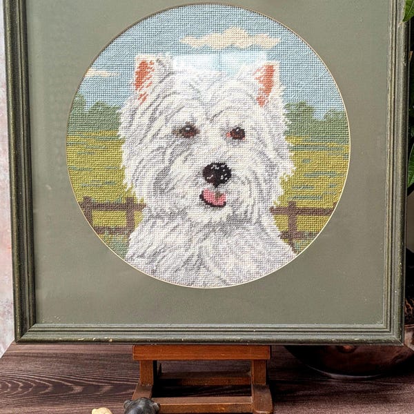 Vintage Westie Needlepoint Wall Art | Framed West Highland Terrier Portrait | Dog Lover Gift