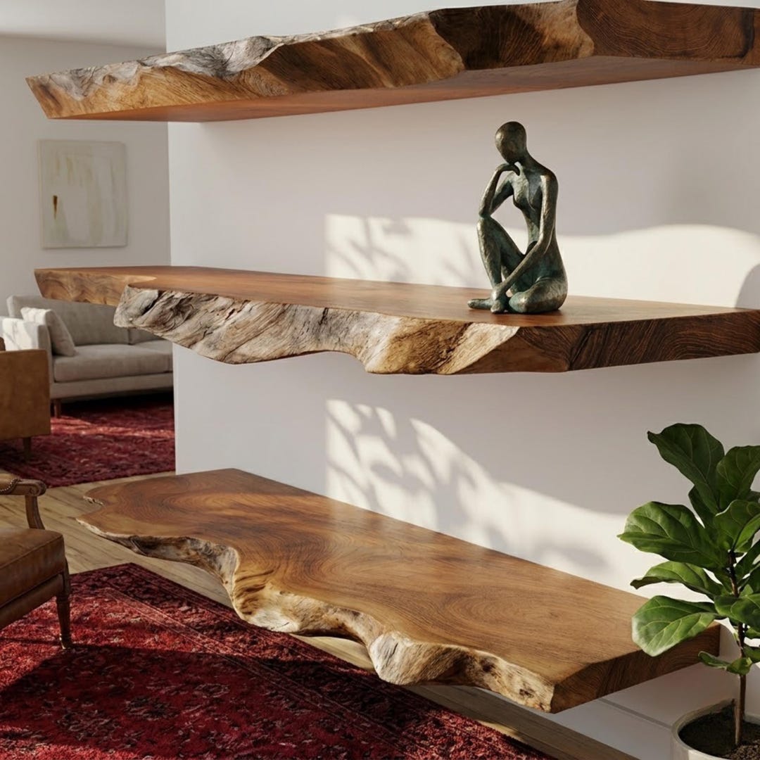 Live Edge Wood Shelf - Rustic Floating Wall Shelf - Solid Wood Wall ...