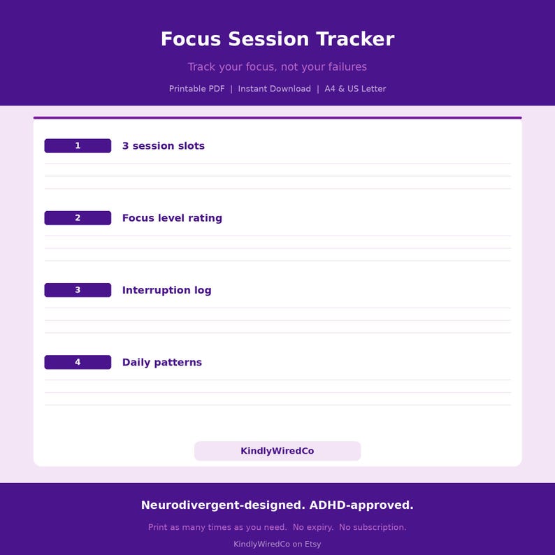 ADHD Focus Session Tracker Printable, Pomodoro Timer Log, Deep Work ...