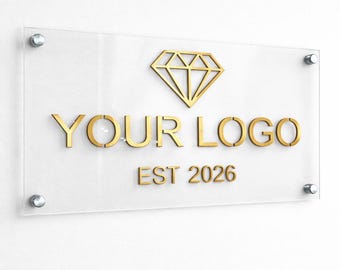 Letrero con logotipo personalizado / Letrero acrílico / Letrero con letras doradas en relieve / Decoración de recepción / Letrero comercial personalizado / Letrero comercial moderno / Arte joya