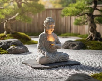 Statua di Buddha solare da giardino, luce zen per meditazione, scultura di Buddha in resina per esterni, patio, cortile, veranda, decorazione spirituale per la casa