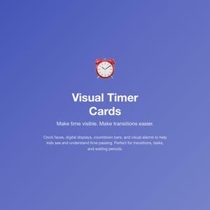 Puede incluir: Fondo azul con las palabras "Visual Timer Cards" en blanco. Un gráfico de reloj despertador rojo en la parte superior. El texto dice: "Haz que el tiempo sea visible. Facilita las transiciones."