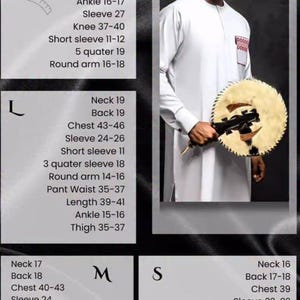 May include: A man in a white outfit with a red cap and sunglasses, holding a fan. The image includes a size chart with measurements for neck, chest, sleeve, and other dimensions, labeled XL, L, M, and S.