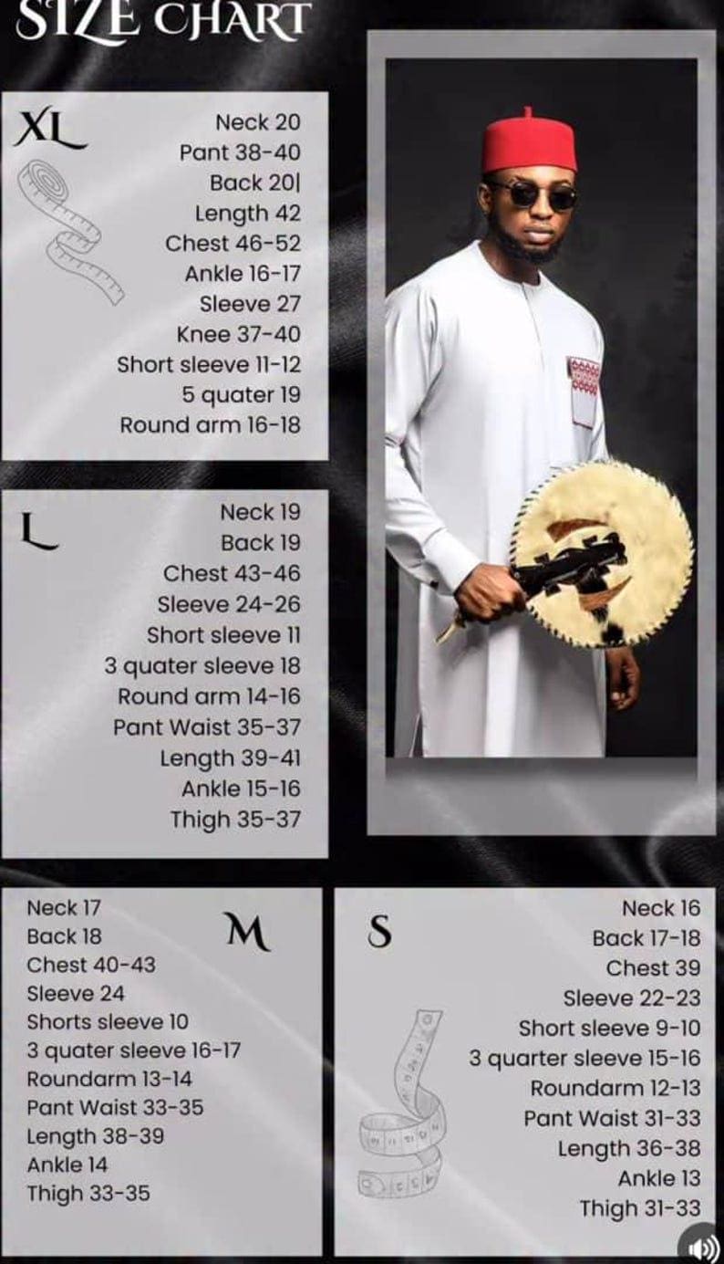 May include: A man in a white outfit with a red cap and sunglasses, holding a fan. The image includes a size chart with measurements for neck, chest, sleeve, and other dimensions, labeled XL, L, M, and S.